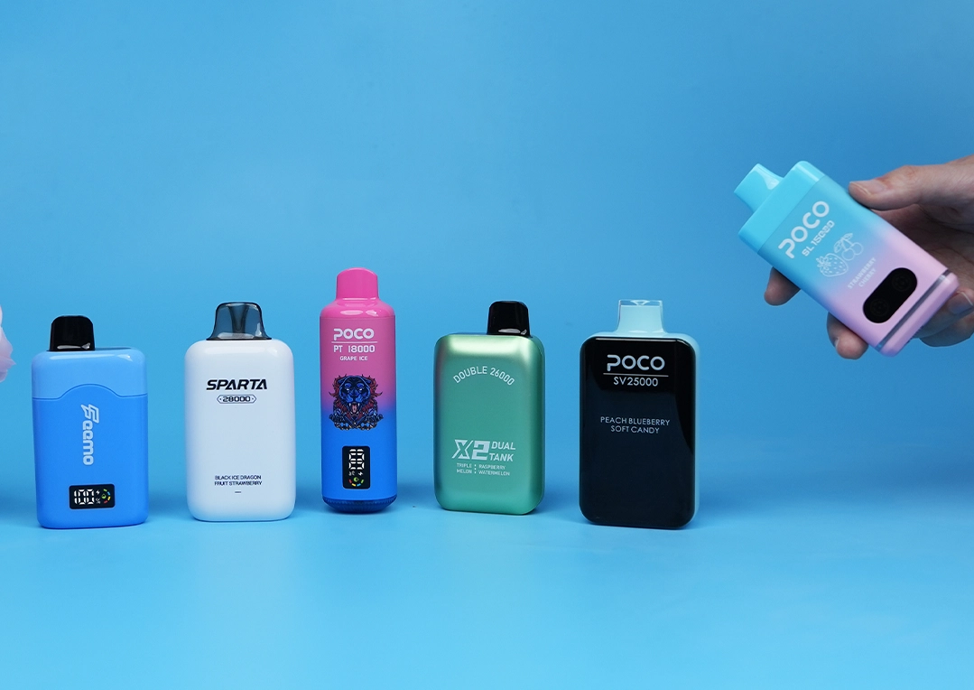 Colorful disposable vapes in a lineup